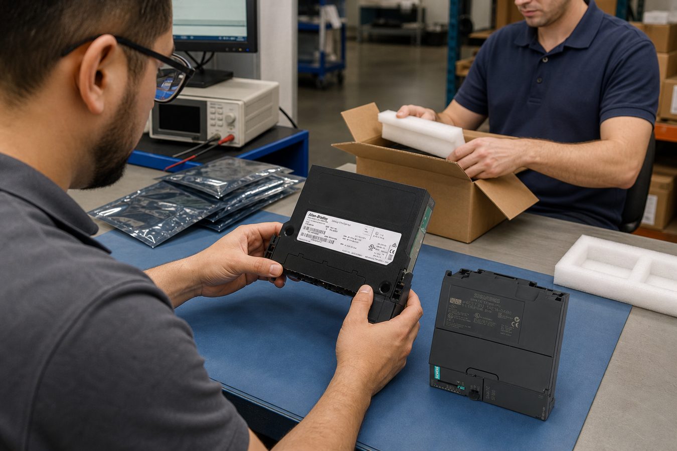 Employees inspecting and repacking Allen-Bradley and Siemens industrial automation modules