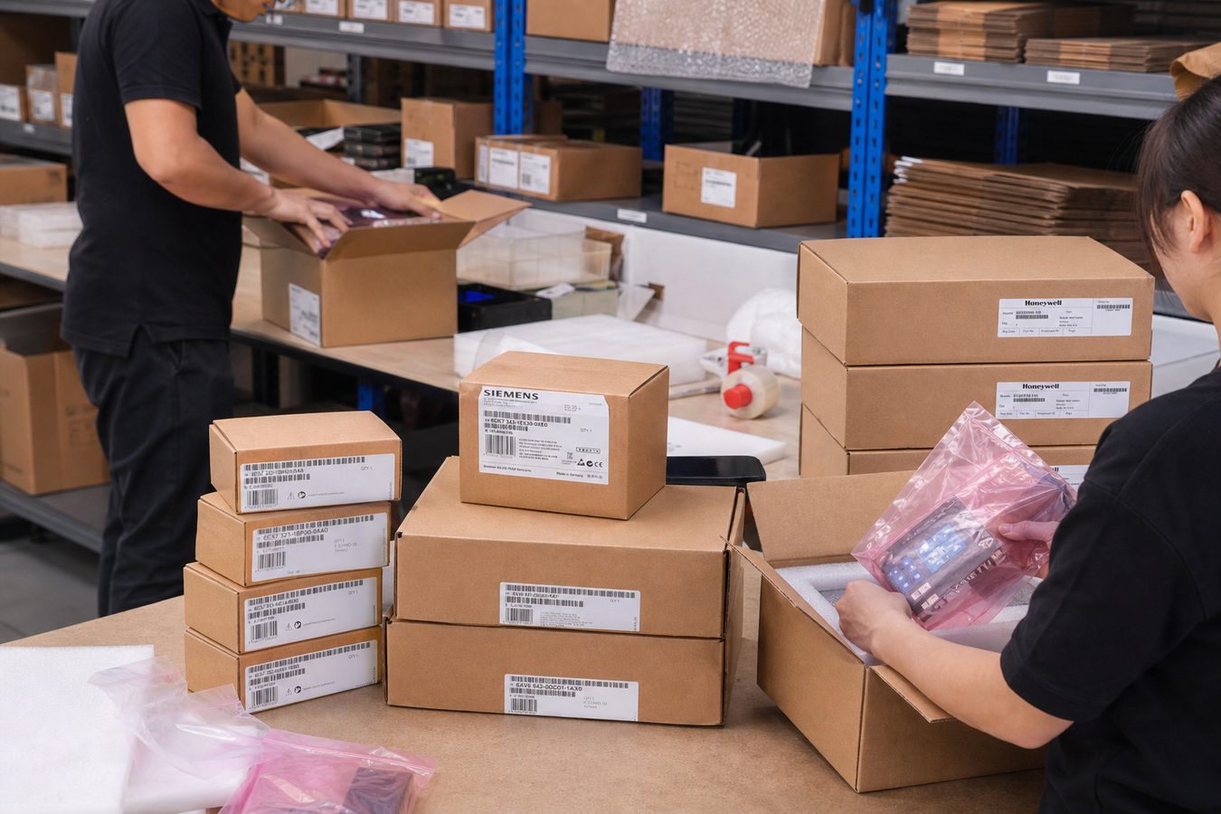 Warehouse staff packing Siemens and Honeywell industrial automation products for shipment